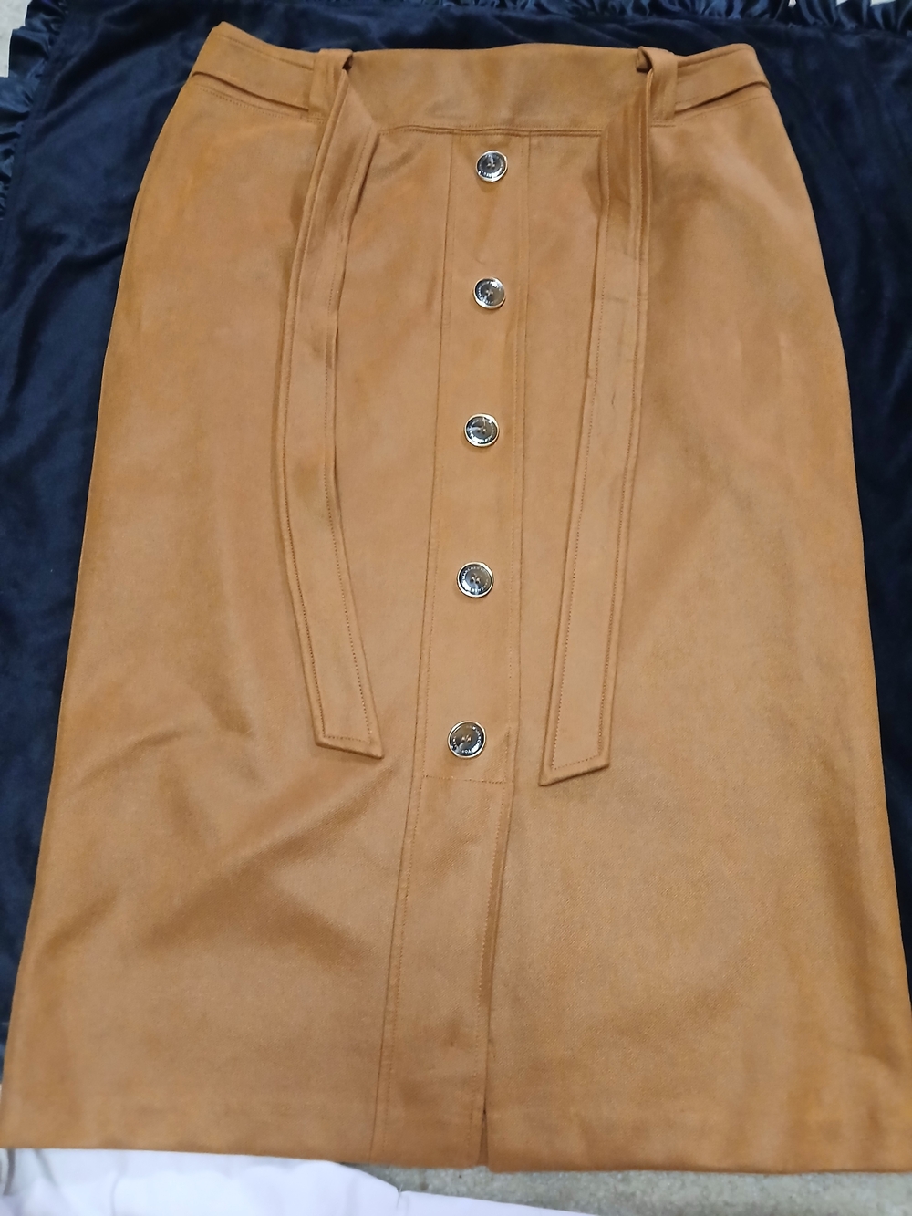 Button-Front Faux Suede Midi Skirt in Tan
